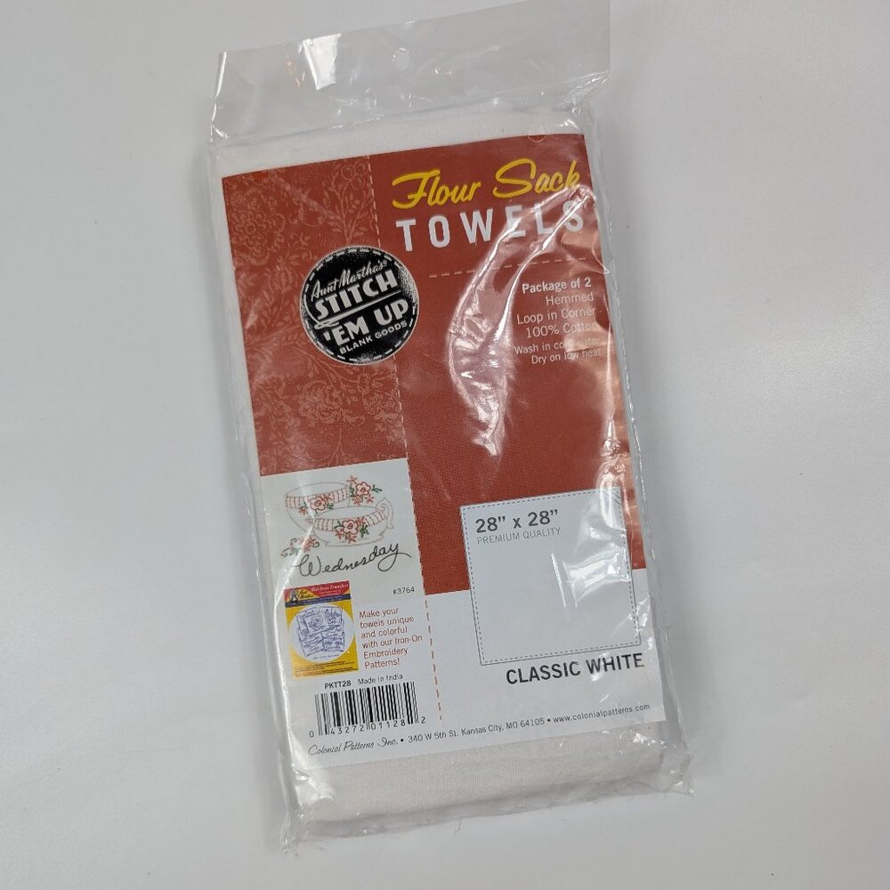 Aunt Martha's Stitch 'Em Up Flour Sack Towels 28"X28" 2/Pkg-White Made in India